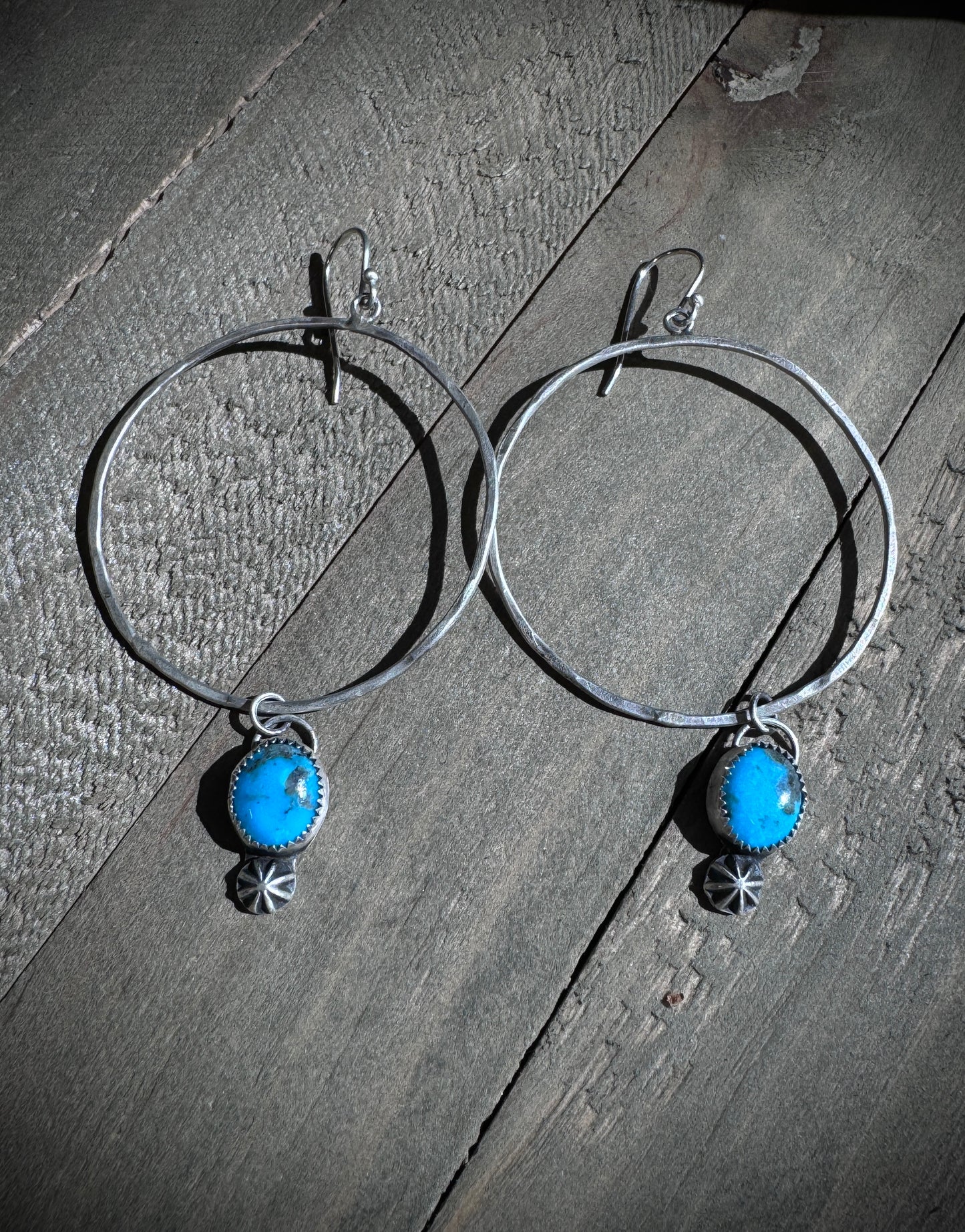 Large Sterling Silver Hoops and Turquoise Earrings