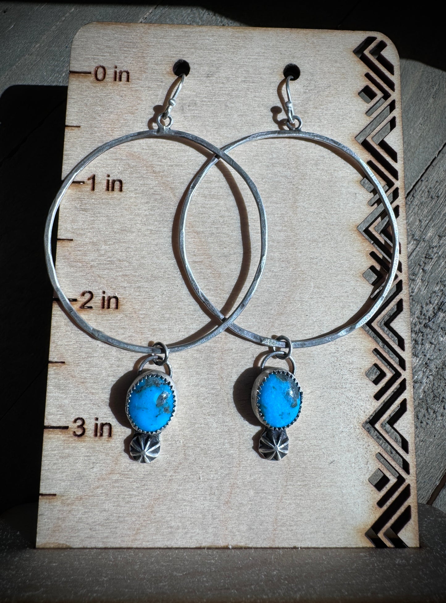 Large Sterling Silver Hoops and Turquoise Earrings