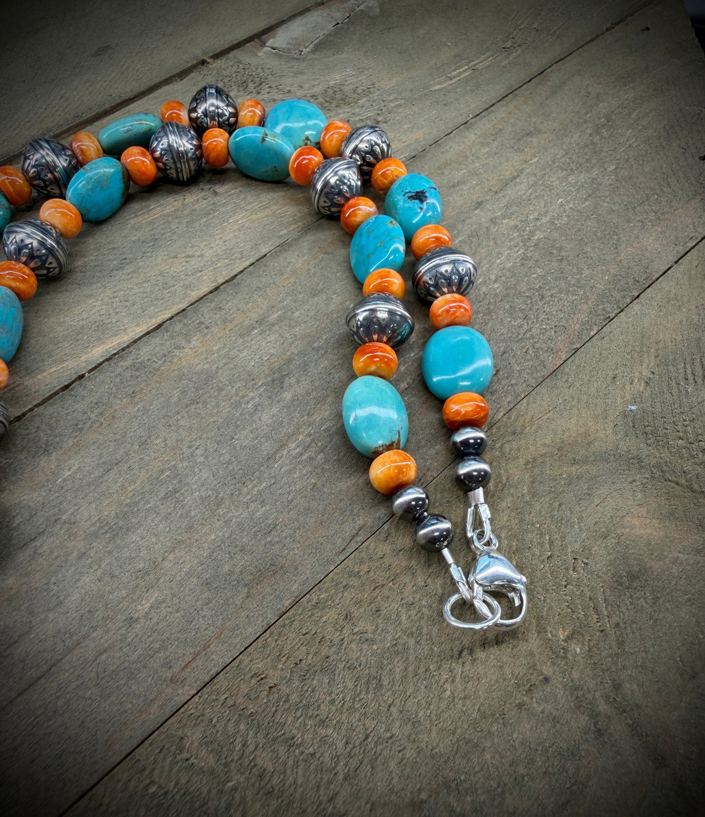 Turquoise, Orange Spiny Oyster and Navajo Pearl Necklace