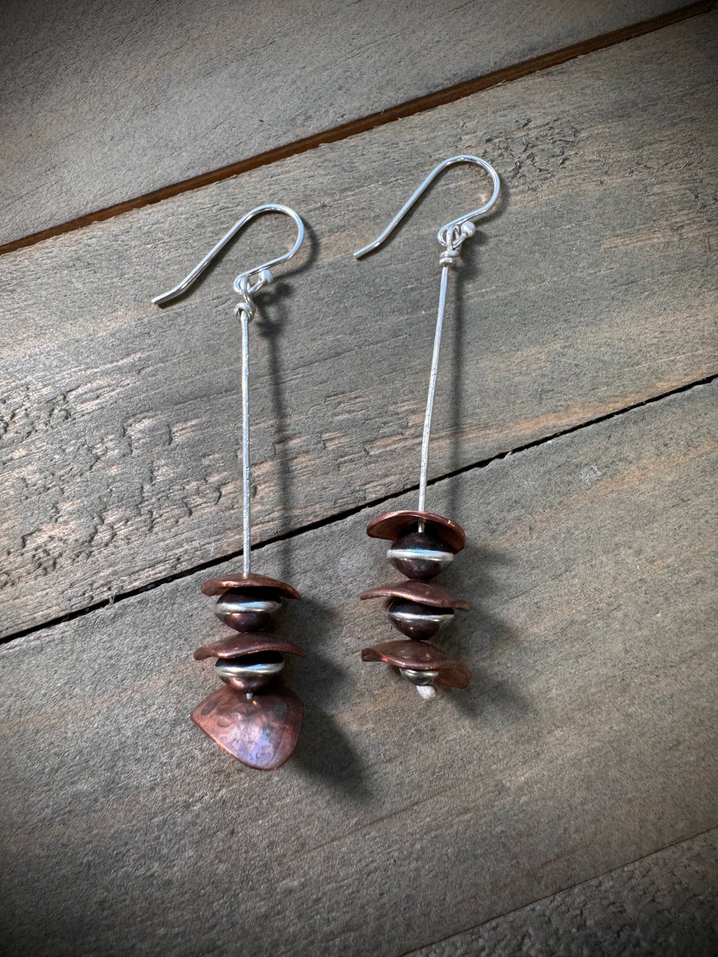 Copper and Silver Bead Cairn Earring