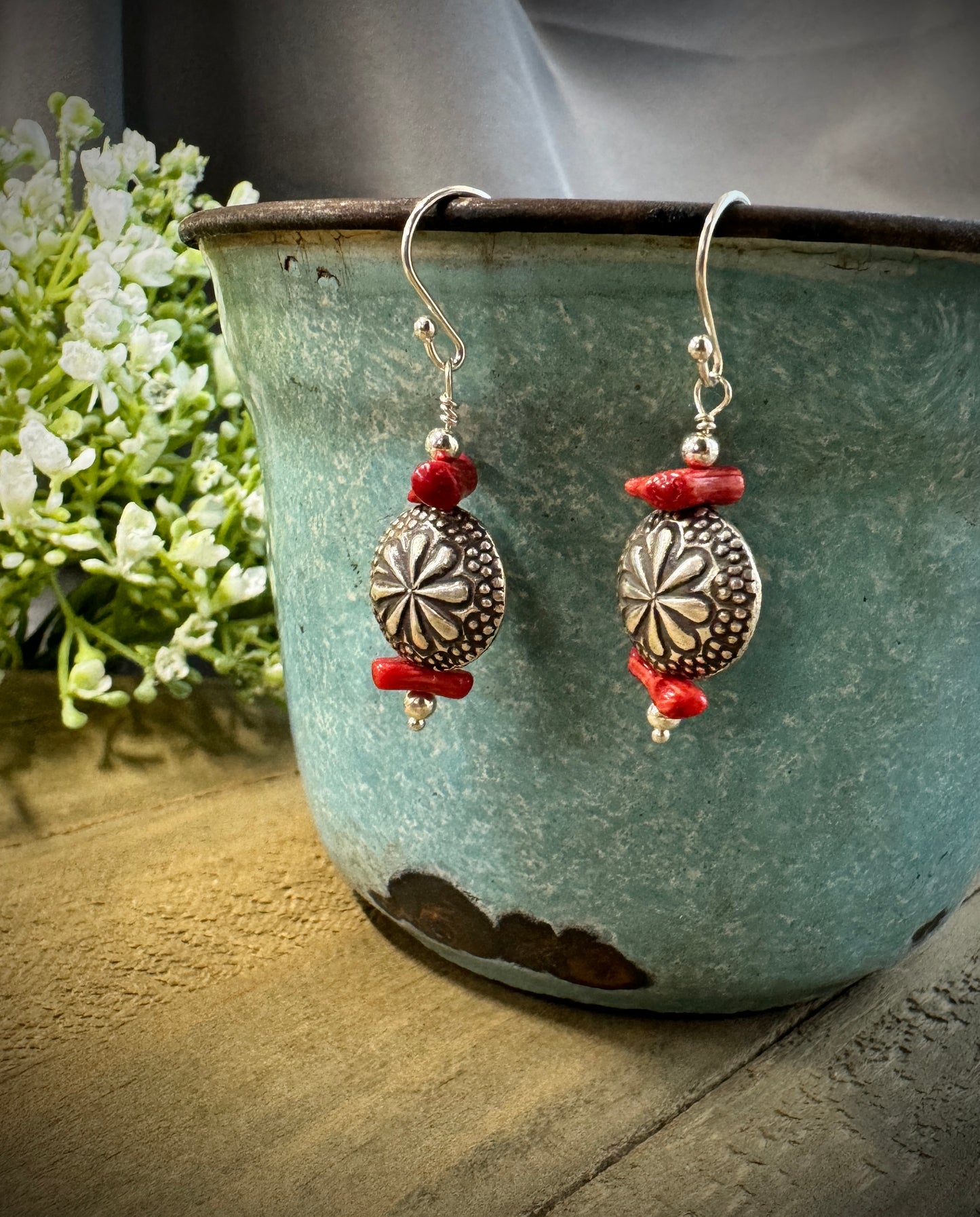 Flower Bead Earrings w/Coral