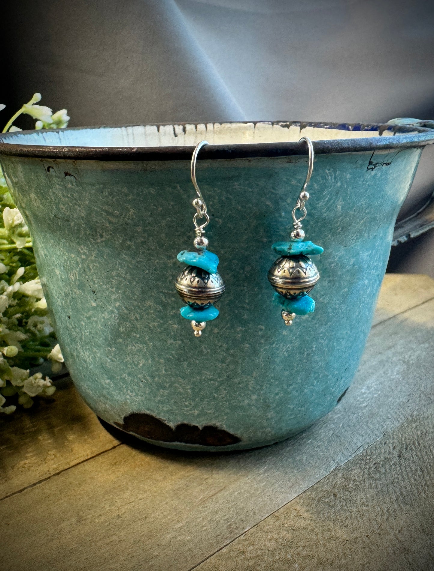 Patterned Bead and Natural Turquoise Earrings