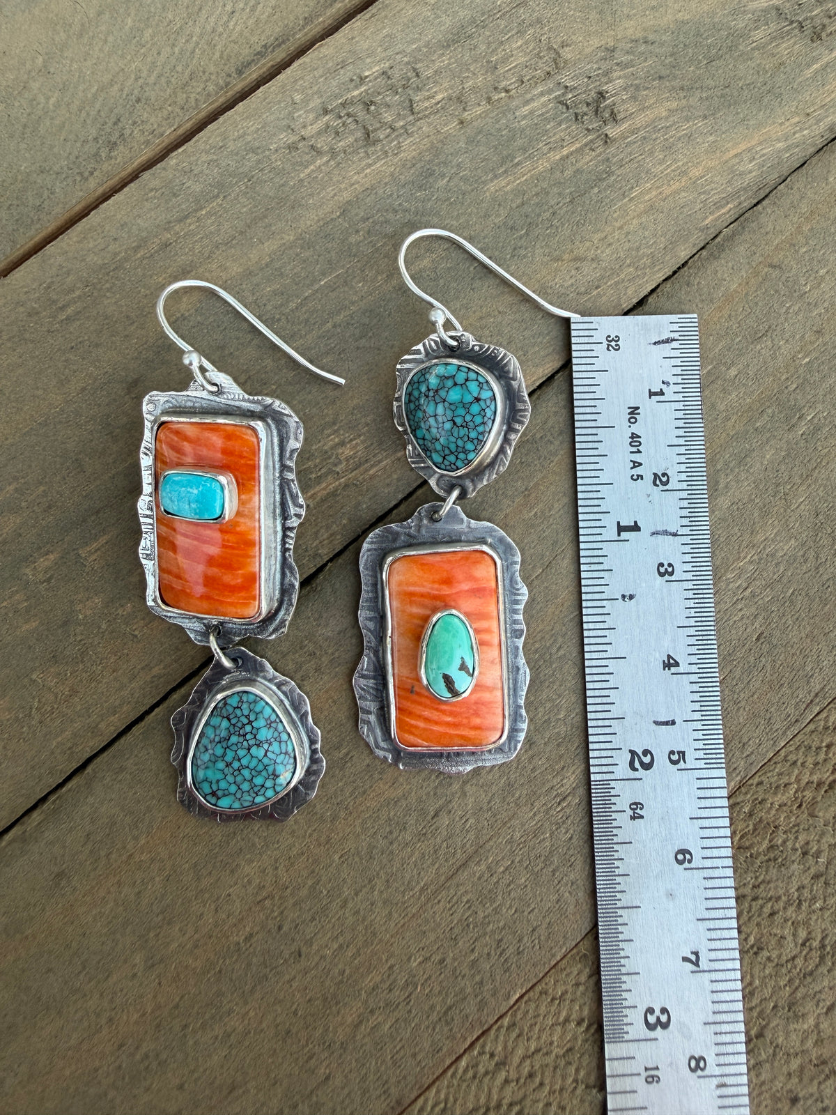 Turquoise and Orange Spiny Boho Earrings