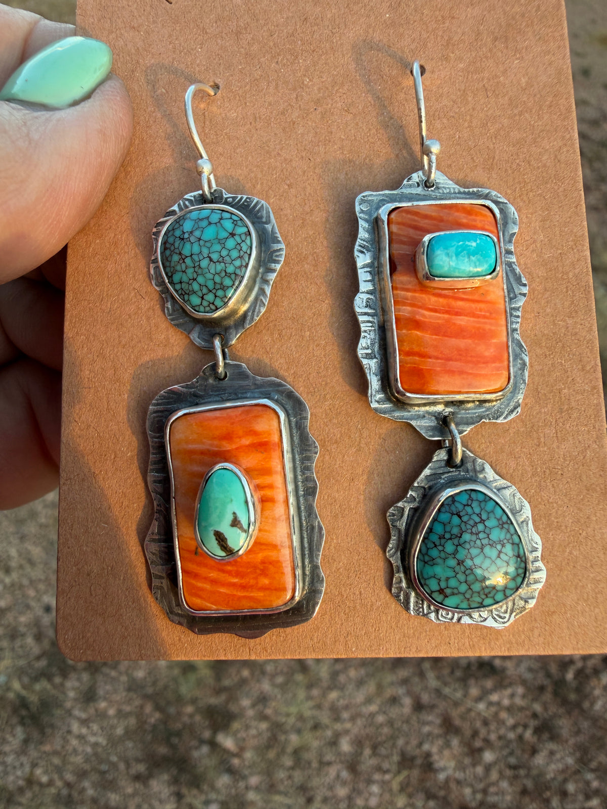Turquoise and Orange Spiny Boho Earrings
