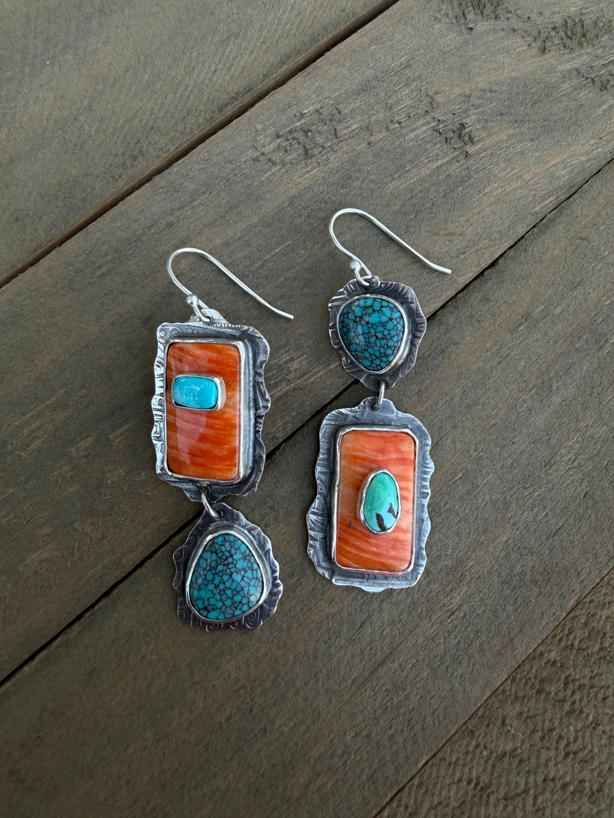 Turquoise and Orange Spiny Boho Earrings