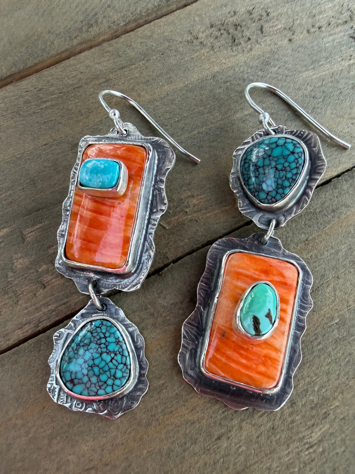 Turquoise and Orange Spiny Boho Earrings