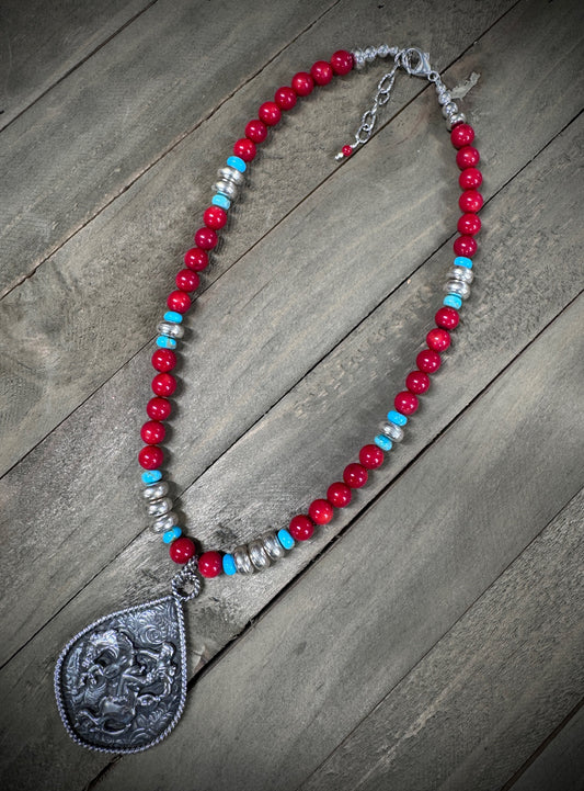 Red Coral Bucking Bronc Necklace