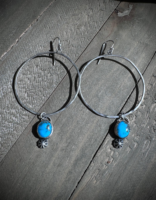 Large Sterling Silver Hoops and Turquoise Earrings