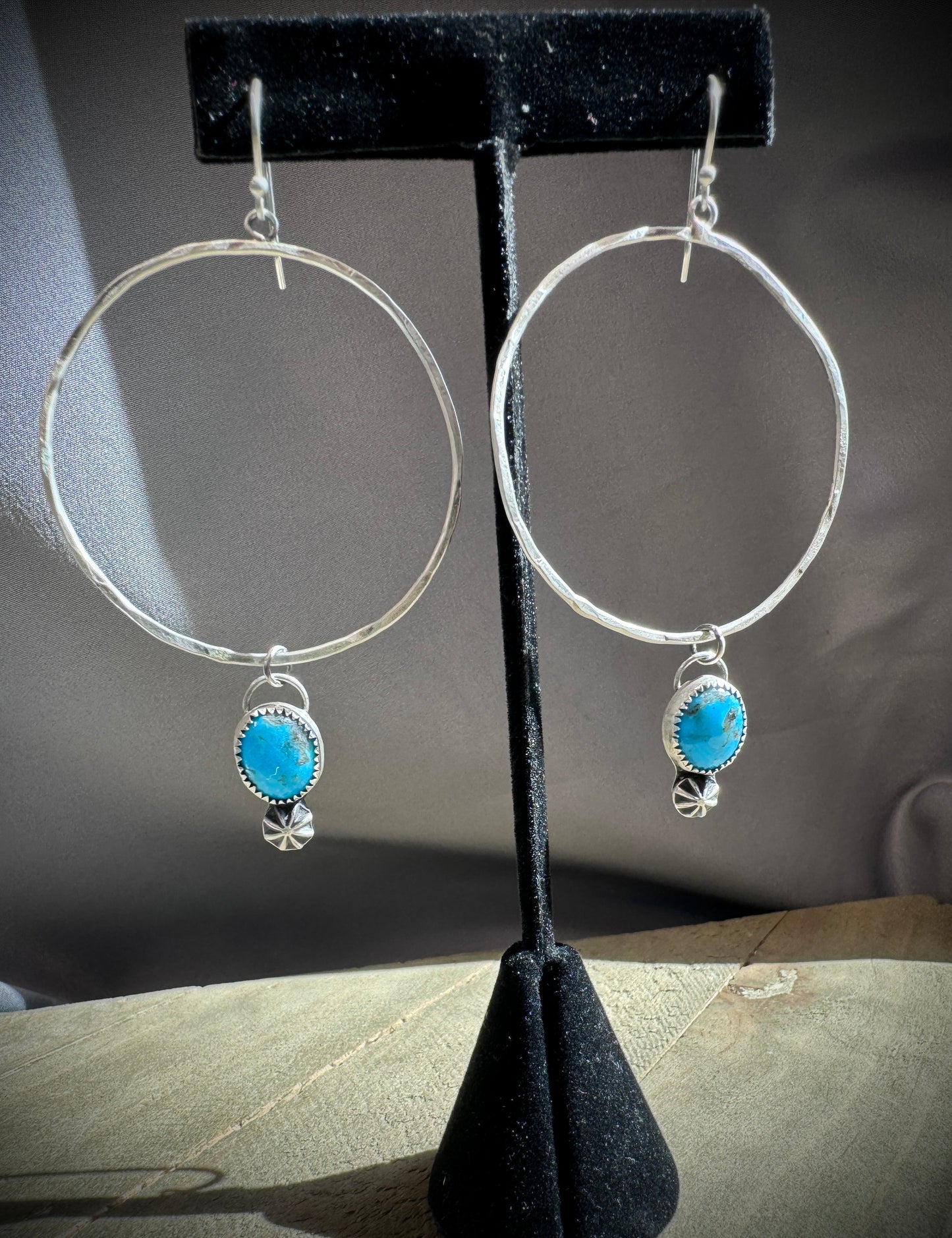 Large Sterling Silver Hoops and Turquoise Earrings