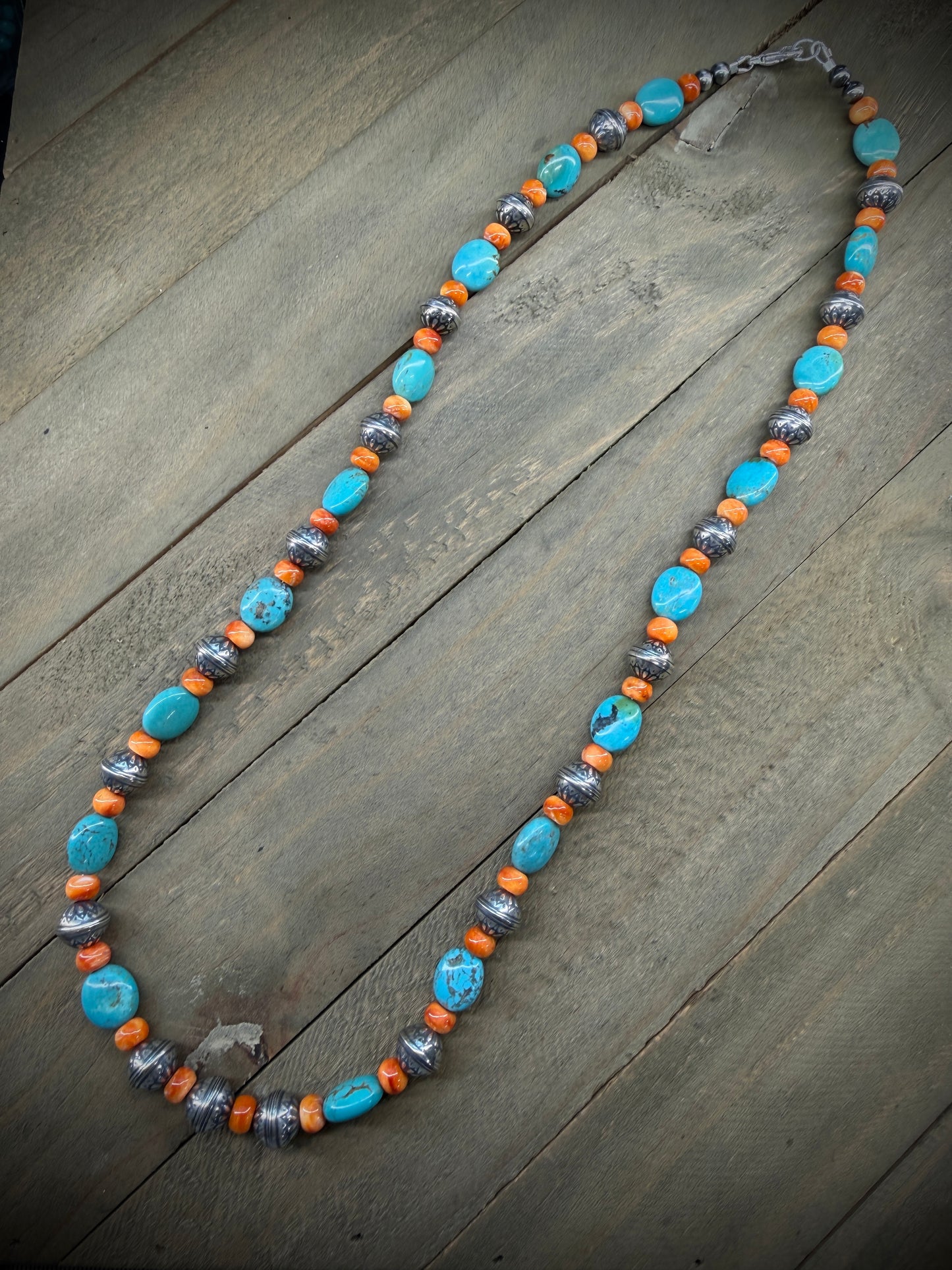 Turquoise, Orange Spiny Oyster and Navajo Pearl Necklace