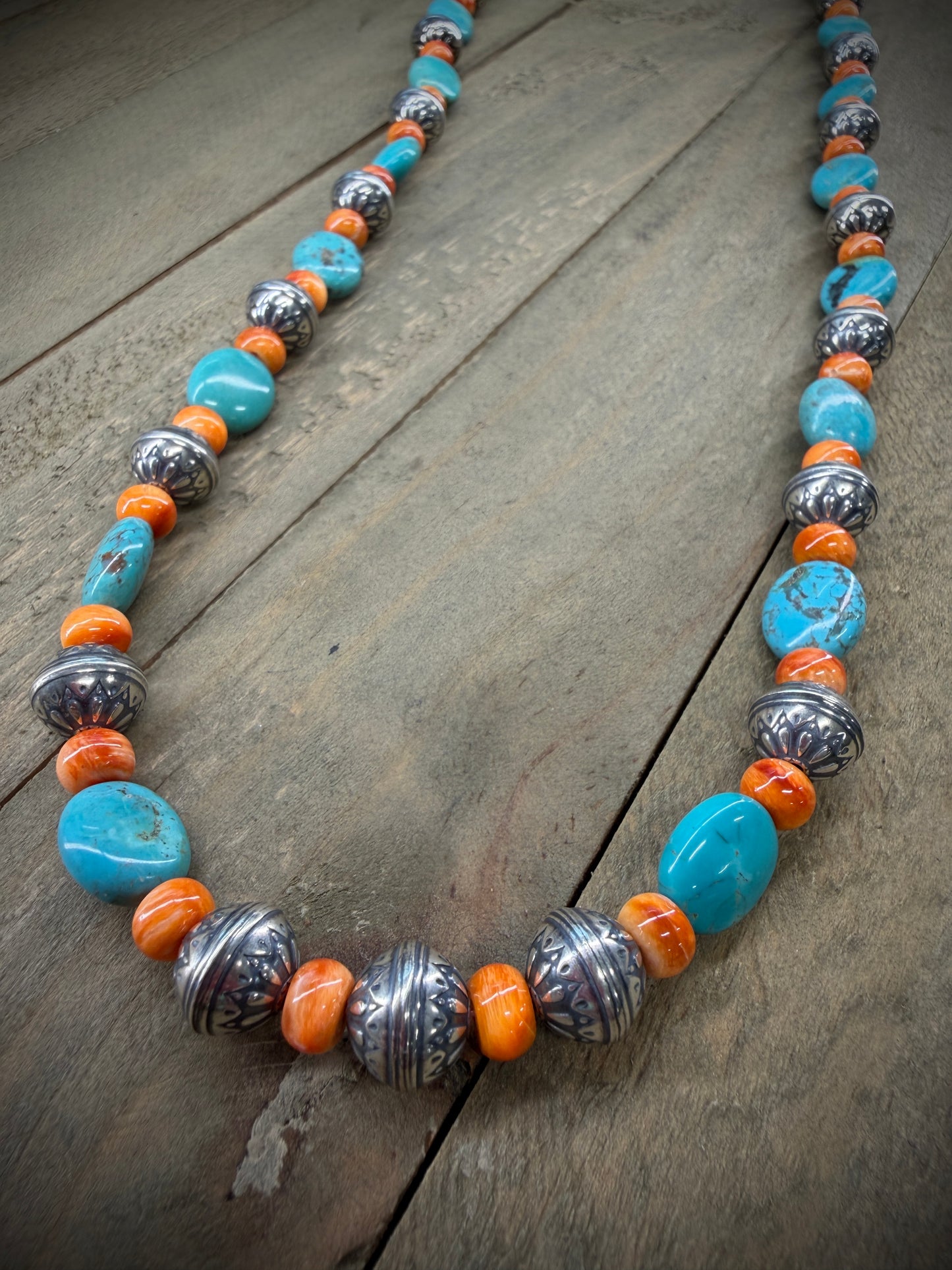 Turquoise, Orange Spiny Oyster and Navajo Pearl Necklace