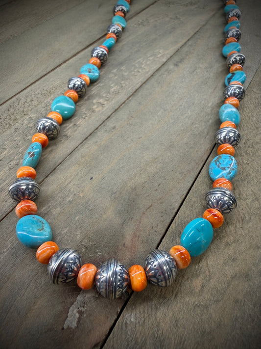 Turquoise, Orange Spiny Oyster and Navajo Pearl Necklace