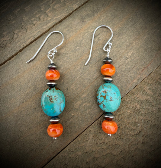 Orange Spiny Oyster and Turquoise Drop Earrings