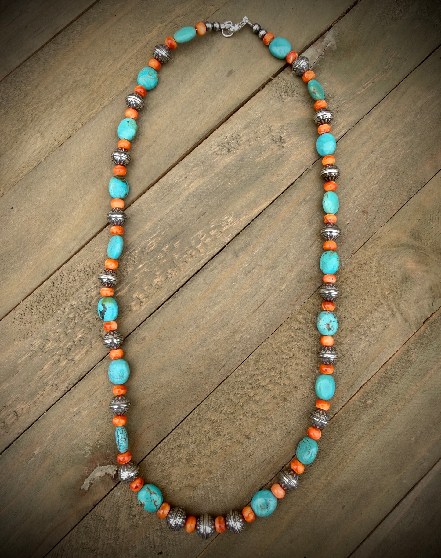 Turquoise, Orange Spiny Oyster and Navajo Pearl Necklace