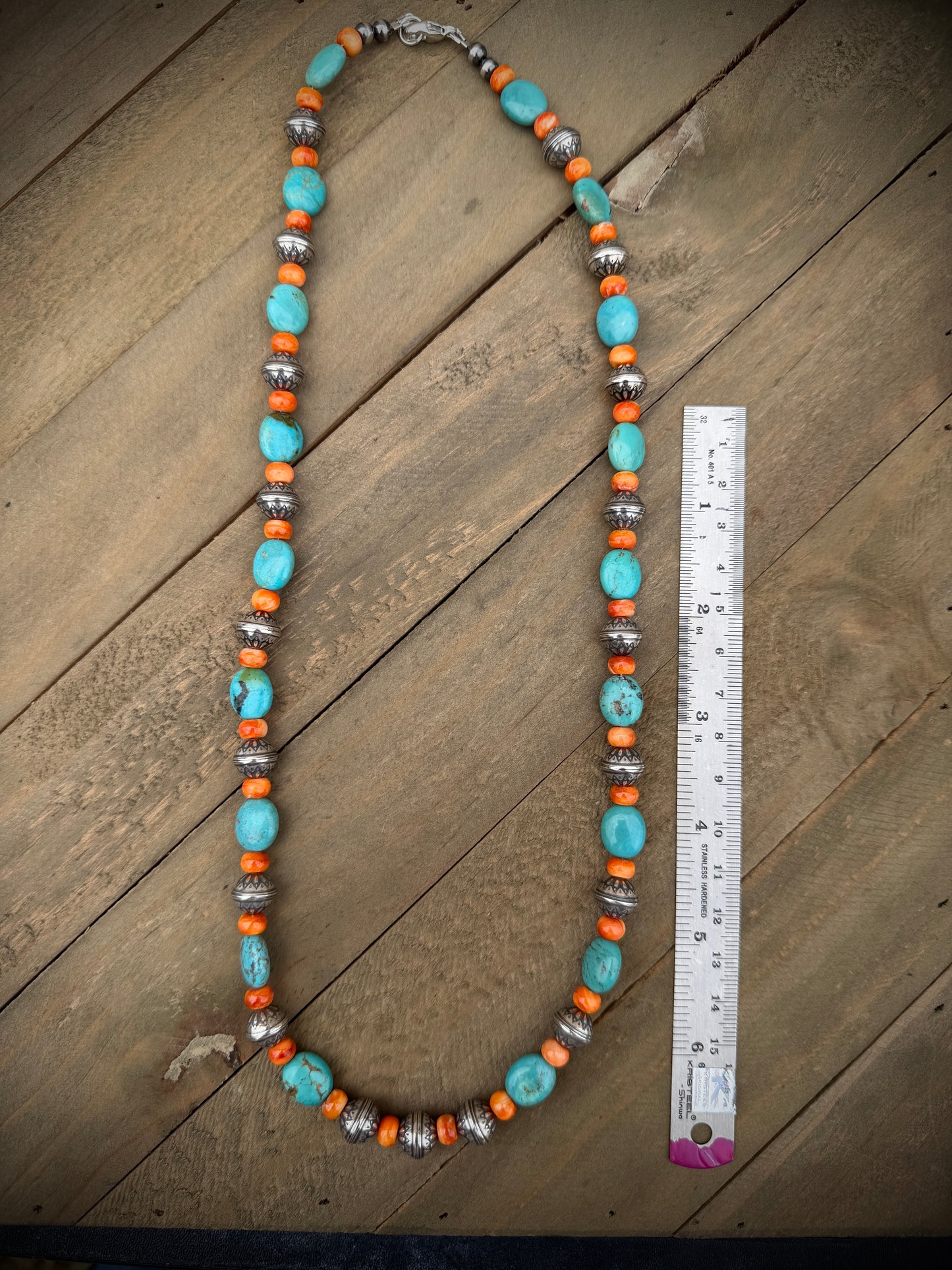 Turquoise, Orange Spiny Oyster and Navajo Pearl Necklace