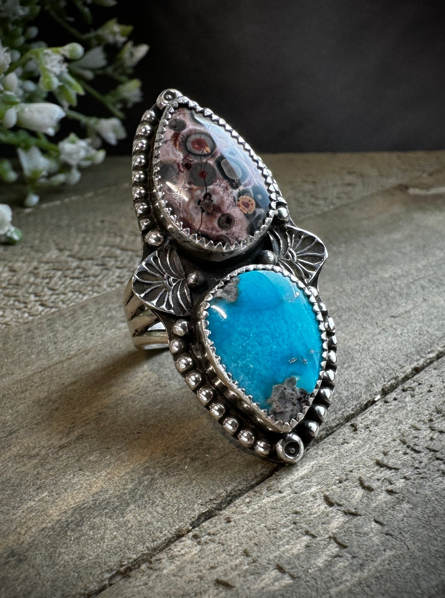 Turquoise and Leopard Jasper Ring