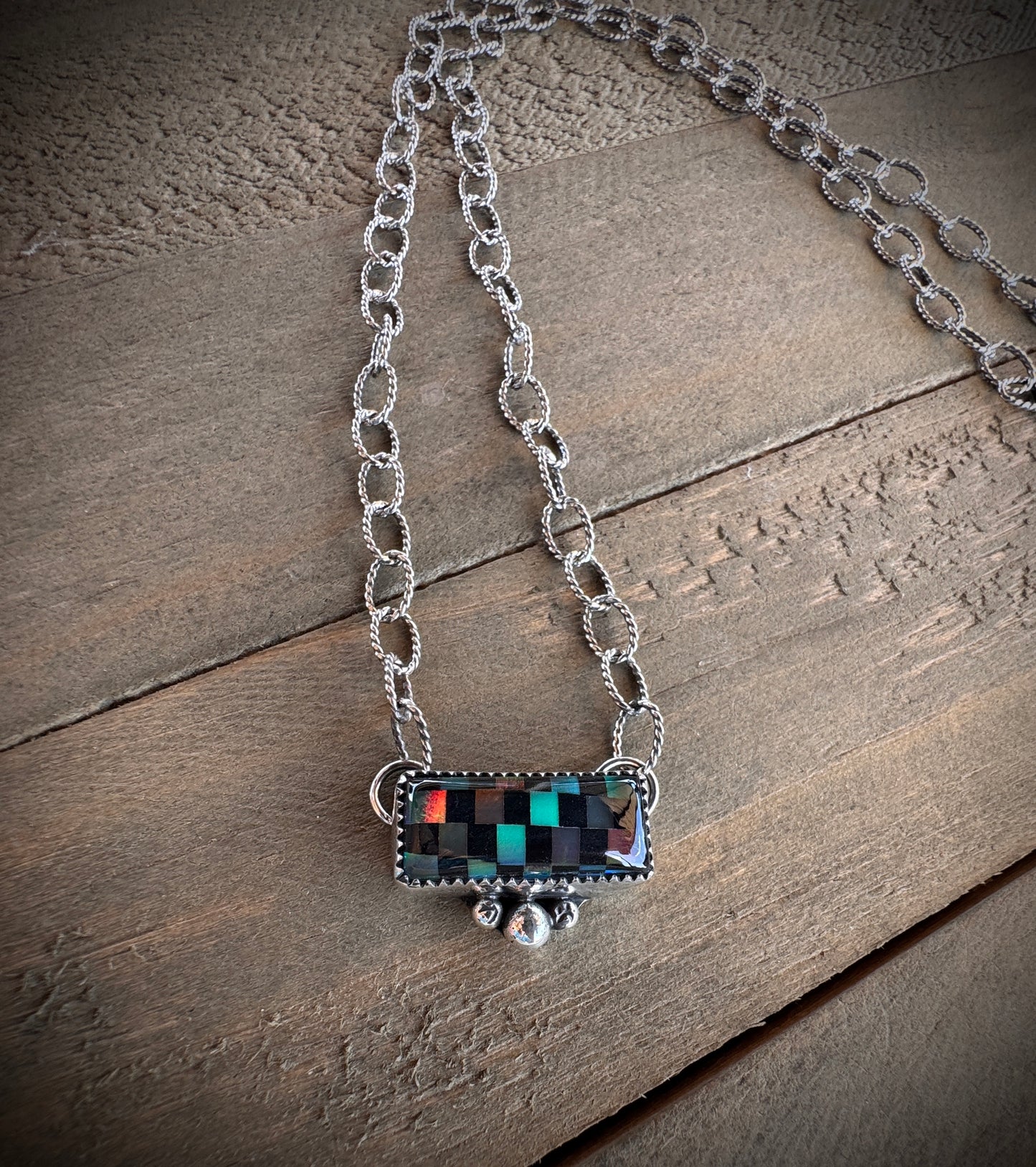 Checked Aurora Opal Bar Necklace