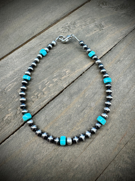 Sterling Navajo Pearl and Turquoise Bracelet