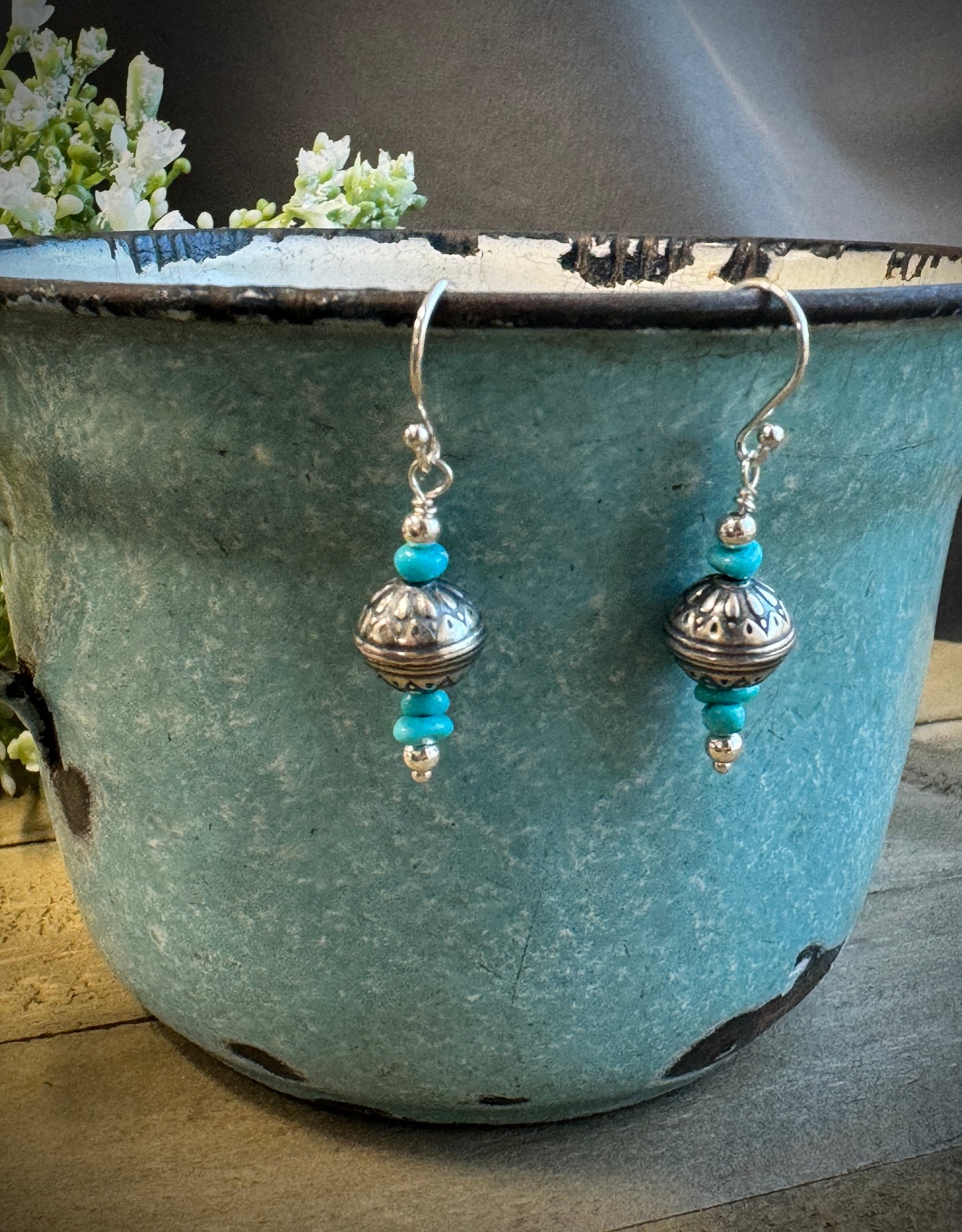 Patterned Bead and Turquoise Earring